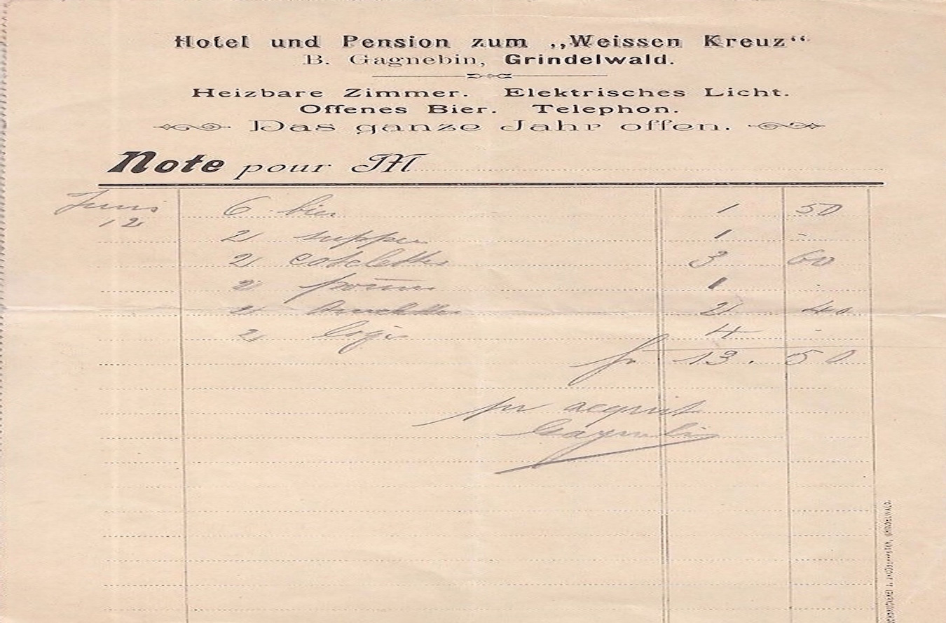 Hotel Kreuz & Post Grindelwald - Hotelrechnung um 1900